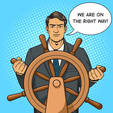 Businessman and ship steering wheel pop art vector