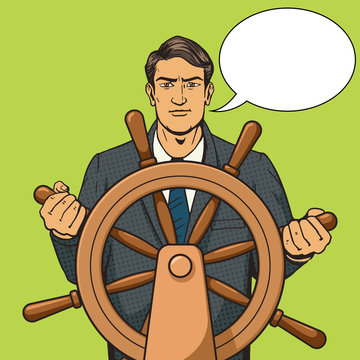 Businessman and ship steering wheel pop art vector