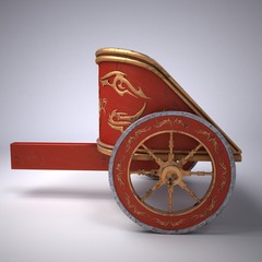 old scratched roman chariot. on gradient white background. metal wheels and gold decoration. 3D illustration