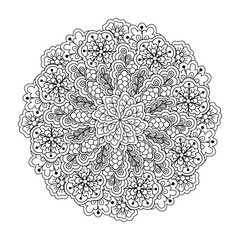 Round element for coloring book. Black and white floral pattern. Vector illustration.