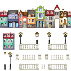 collection of architectural elements . house , street light ,balustrade. vector drawing