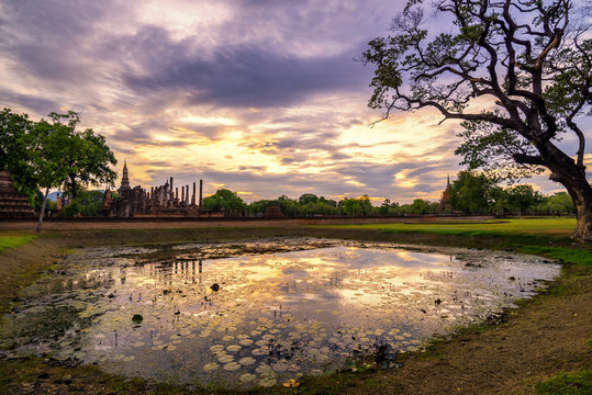 Sunset scene at sukhothai historical park Thailand