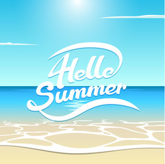 Fototapeta premium Vector summer illustration sea beach with wave, sun and clouds, hello summer lettering is hand-drawn, white letters on summer background