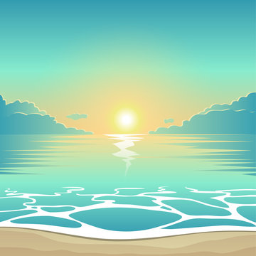 Vector summer background illustration beach at sunset with waves and clouds, seaside view poster