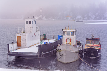 Scandinavian landscape with traditional Norwegian boats