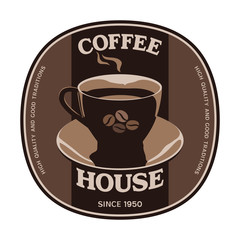 Coffee House sticker label design with cup and saucer