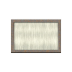 Metal badge with metallic border in form of rectangle.