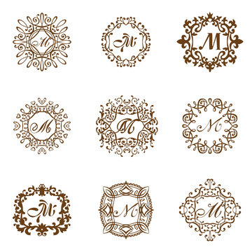 Set luxury monogram template flourishes calligraphic elegant ornament lines vector. 