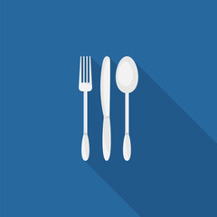 Fork, knife and spoon  with long shadow. Dining etiquette. Foods Service icon. Menu card. Simple flat vector illustration, EPS 10.