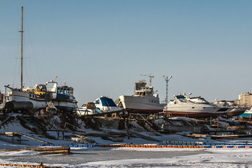 frozen sea yachts winter in Vladivostok