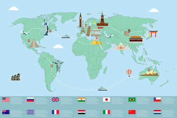 Infographic world landmarks on map.  Vector 
