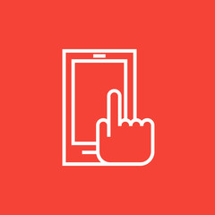 Finger pointing at smart phone line icon.