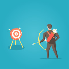 Businessman archer with bow, arrows and target vector illustration. Business cartoon character creative concept.
