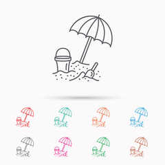 Beach umbrella in sand icon. Bucket with shovel.