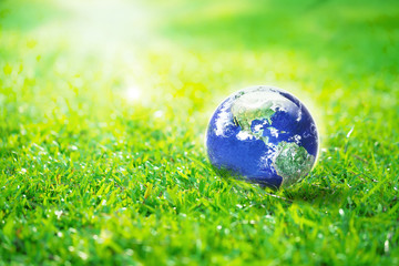 Obraz na płótnie Canvas Globe in the garden, Earth on green grass eco concept, Elements of this image furnished by NASA