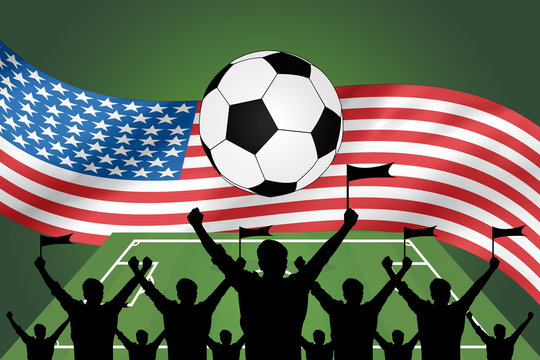 silhouettes of Soccer fans and flag of usa