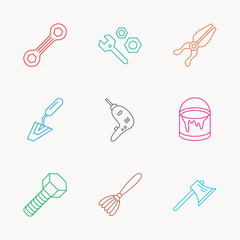 Spanner repair tool, spatula and bolt icons.