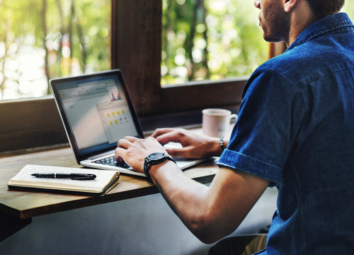 Man Working Coffee Shop Connecting Laptop Concept