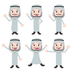 arabian person character various posing clip art set, wearing kandoora, vector illustration