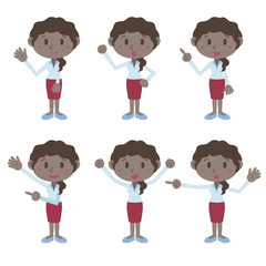 young colored woman character various pose clip art set, vector illustration