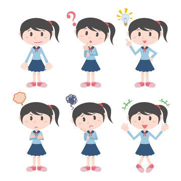 young girl character various feelings clip art set, vector illustration