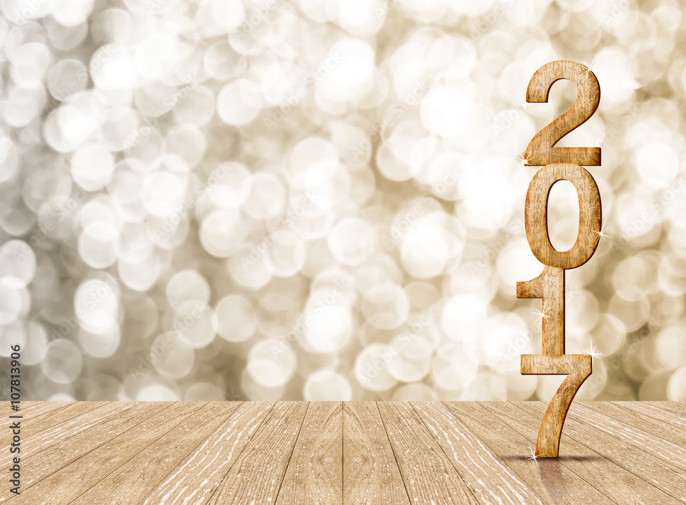 Poster 2017 year wood number in perspective room with sparkling bokeh w