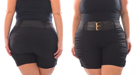 Front and back photo of XXL woman black short pants with black belt on plus size model isolated on white