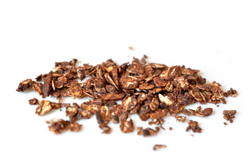 Chocolate granola with almond and cocoa nib on white background
