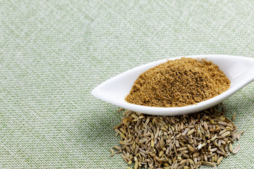 Fennel powder and seeds on texture background