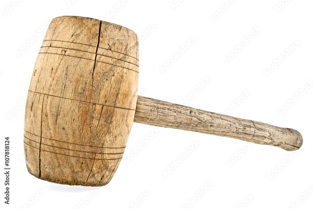 Wall mural vintage wooden mallet isolated on a white background