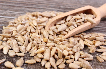 Sunflower seeds with spoon on wooden background