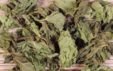 Heap of dried nettle on wooden surface