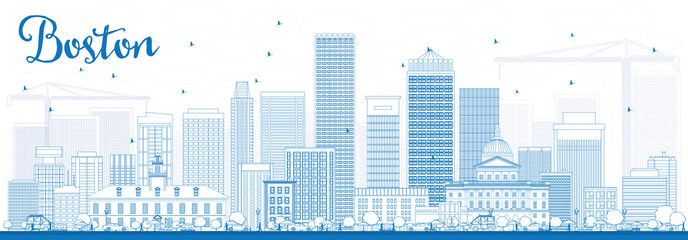 Outline Boston Skyline with Blue Buildings.