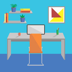 Flat design interior concept of work place with computer, laptop,shelf, books, and cup of coffee on blue wall background
