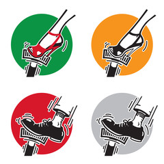 Man and woman feet pressing the pedal, Black and white and color versions. Cartoon style illustration.