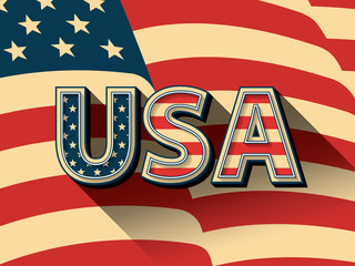 USA - stylized letters on American flag background. 