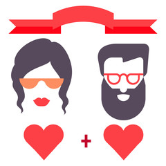 Hipster man and woman love, card, icon, wedding invitation, vale