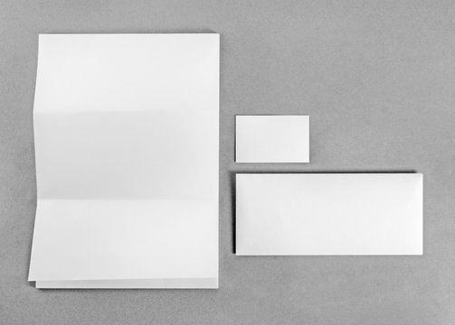 Blank stationery and corporate identity template on gray background.  Mockup for branding identity. For design presentations and portfolios. Top view. 