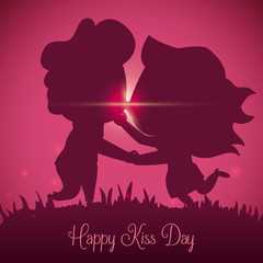 Couple Kissing Silhouette in the Sunset of Kiss Day, Vector Illustration