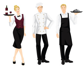 Vector illustration of cook chief, cook and waitress in formal clothes isolated on white background.