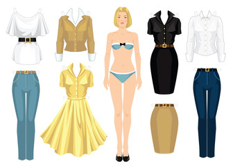 Paper doll with clothes. Body template. Set of template paper clothes. Clothes for office, clothes for holiday