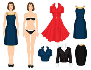 Paper doll with clothes. Body template. Set of template paper clothes. Clothes for office, clothes for holiday. Girl with bob hairstyle in elegant navy blue dress with golden ribbon