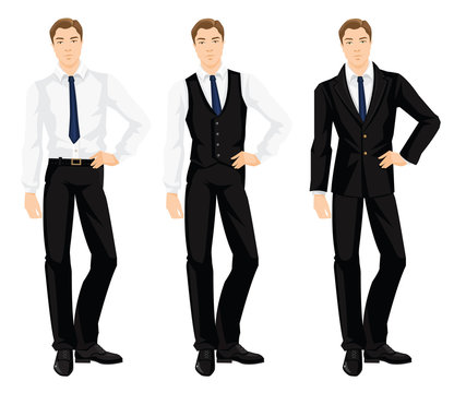 Vector illustration of corporate dress code. Young man in formal black shoes, white shirt, black pants and black vest. Base wardrobe.