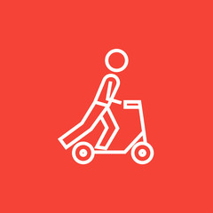 Man riding kick scooter line icon.