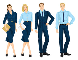 Vector illustration of business people isolated on white. Young woman in blue dress holding document in her hand. Business man in formal blue suit. Blonde girl in formal blue blouse and skirt