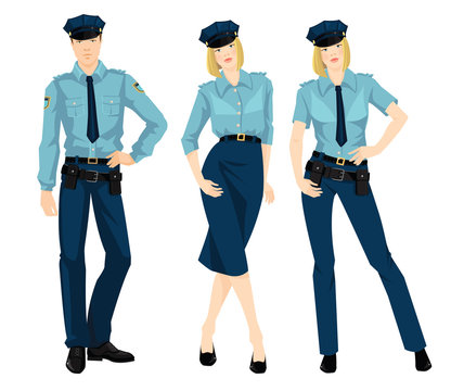 Vector Illustration Of Beautiful Blonde Policewoman And Young Police Man In Formal Clothes Isolated On White Background. 