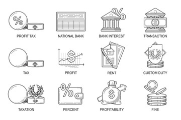 Set Icons in style flat line. Theme - Finance