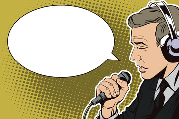 People in retro style pop art and vintage advertising. A man with a microphone.