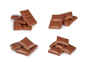 Broken milk chocolate bar set isolated on white background