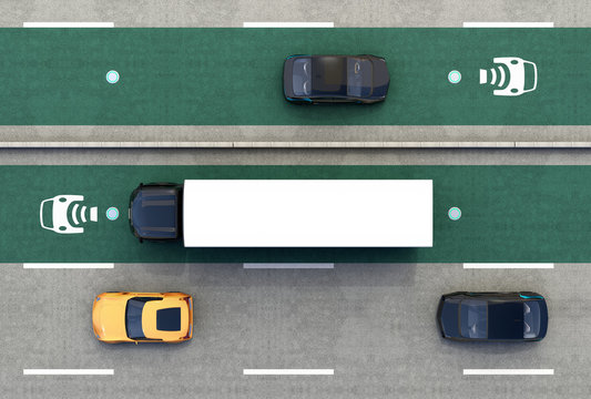 Aerial view of hybrid truck and blue electric car on wireless charging lane. 3D rendering image.